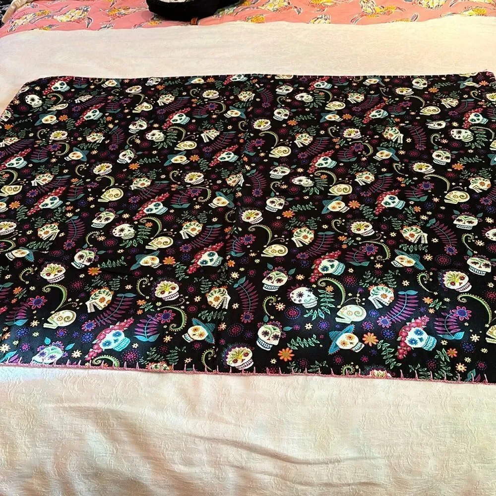 Hand Embellished Tapestry Small Blanket Sugar Skulls Hand Crocheted